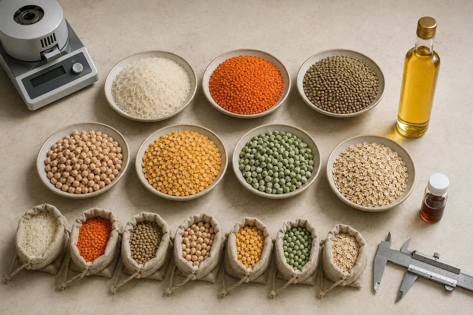 Rice, lentils, chickpeas, peas, oats and edible oils arranged for commercial quality assessment